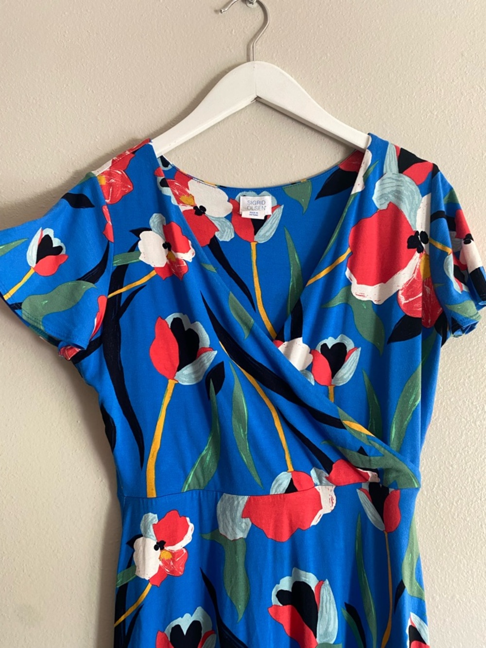 Sigrid Olsen Floral Faux Wrap Dress Size M Blue Red Tulip Print Jersey Midi - Picture 5 of 9